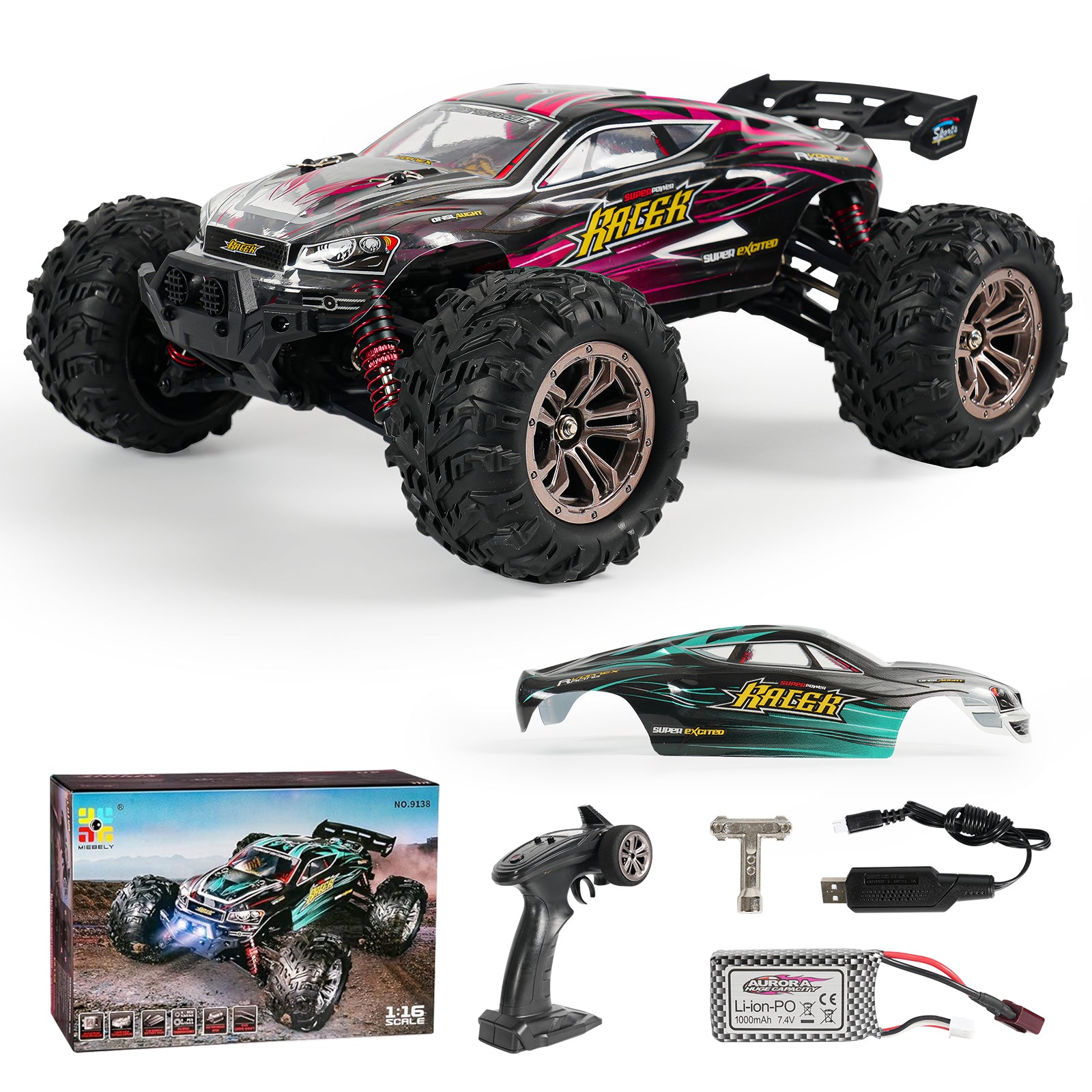 MIEBELY RC Cars Hailstorm, 36+KM/H High Speed 4WD 1:18 Scale Waterproof Truggy Remote Control Off Road Monster Truck with Two Rechargeable Batteries, All Terrain Toys for Kids and Adult