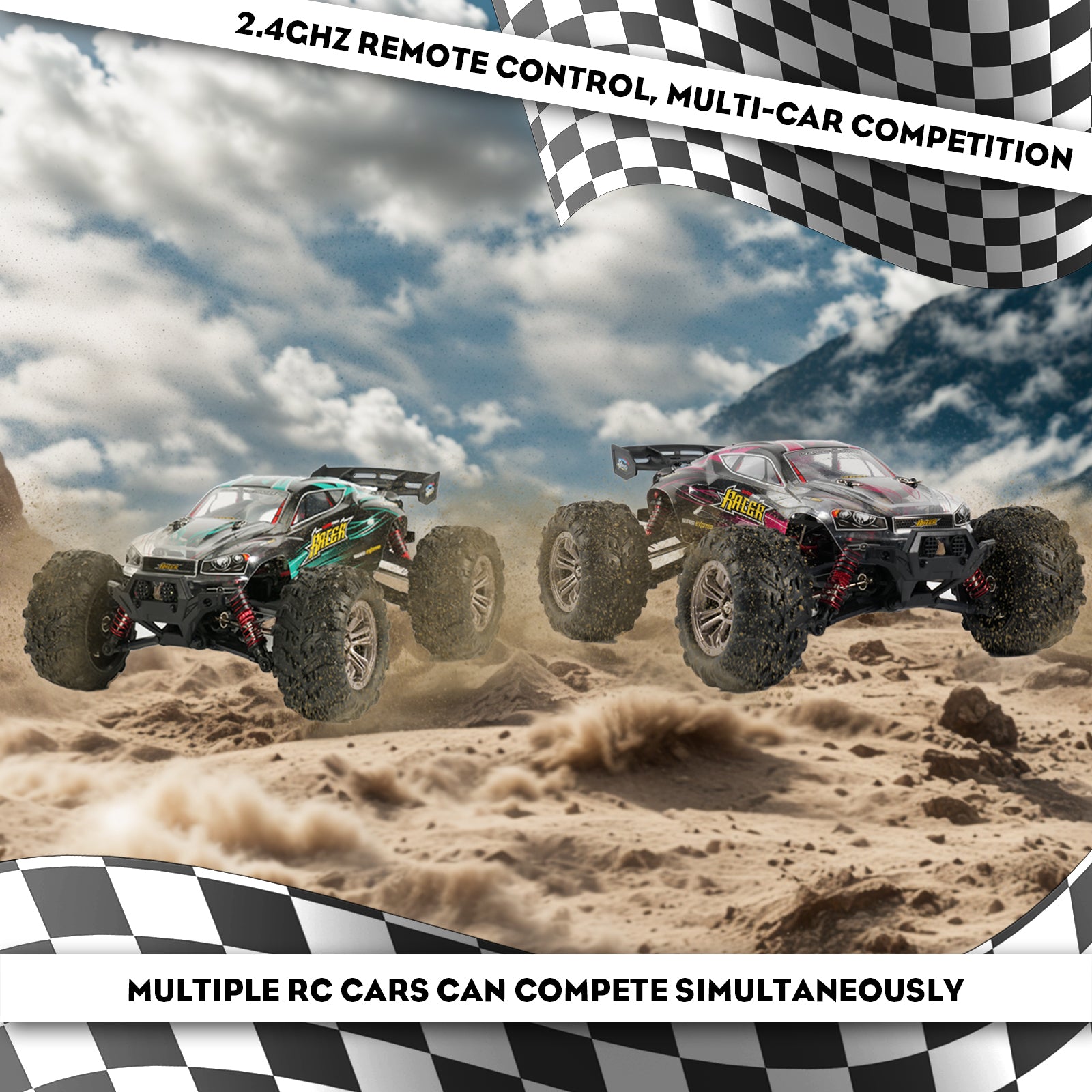MIEBELY RC Cars Hailstorm, 36+KM/H High Speed 4WD 1:18 Scale Waterproof Truggy Remote Control Off Road Monster Truck with Two Rechargeable Batteries, All Terrain Toys for Kids and Adult