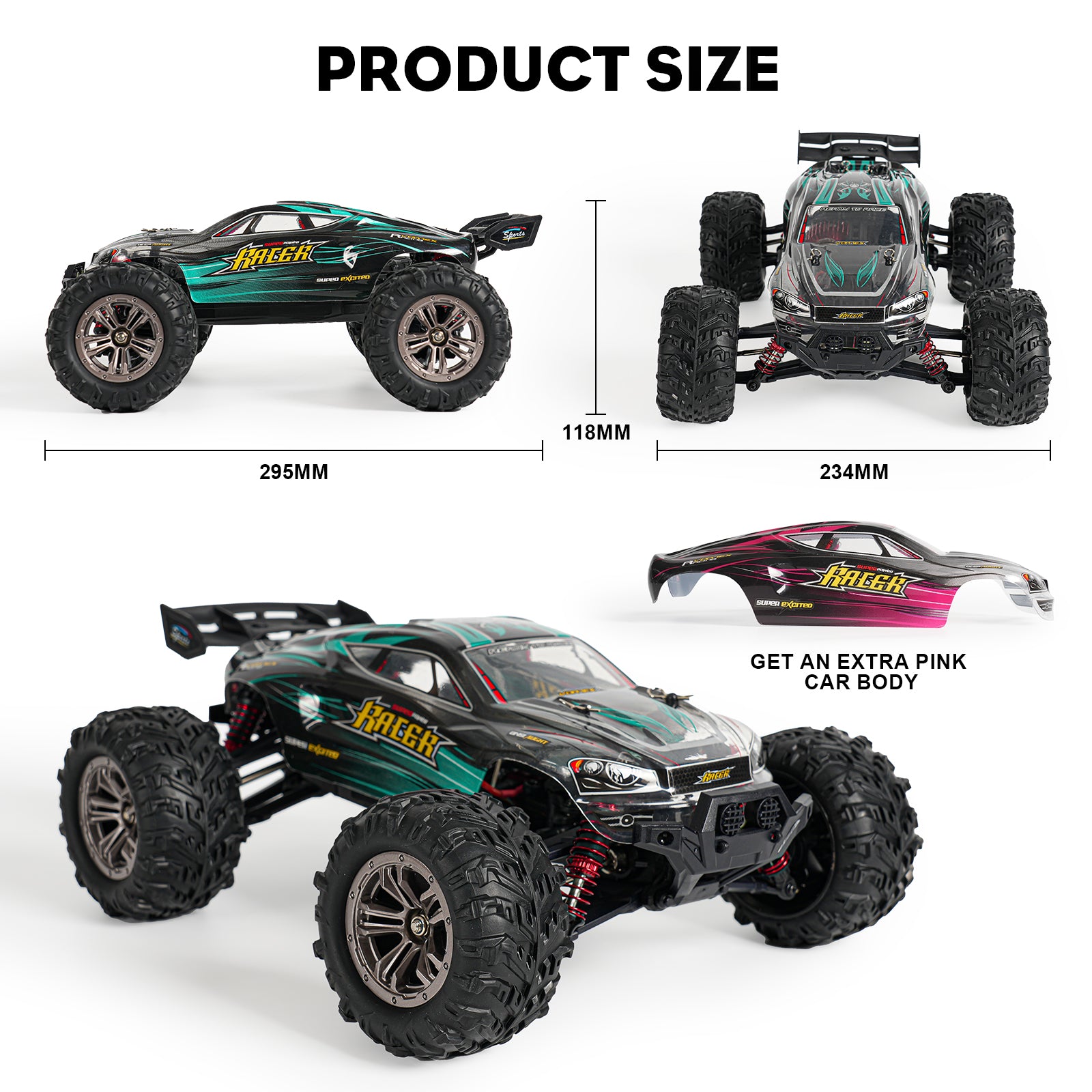 MIEBELY RC Cars Hailstorm, 36+KM/H High Speed 4WD 1:18 Scale Waterproof Truggy Remote Control Off Road Monster Truck with Two Rechargeable Batteries, All Terrain Toys for Kids and Adult