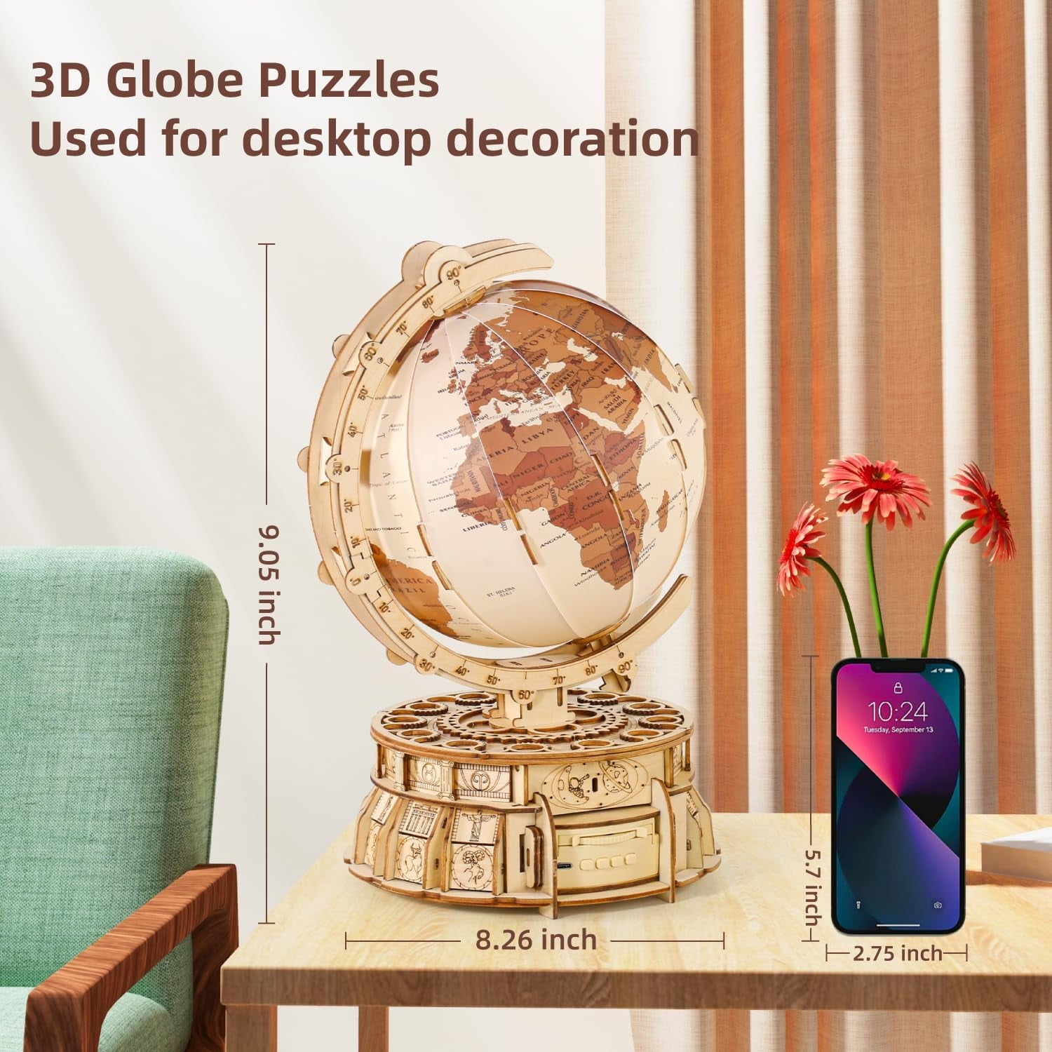 3D Wooden Globe Puzzle (Brown)
