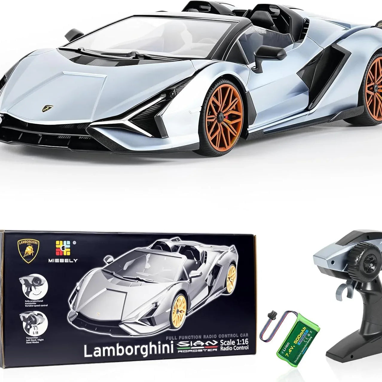 MIEBELY Lamborghini Remote Control Car, 1:16 Scale Lambo Toy Car 7.4V 500mAh Officially Licensed 12Km/h Rc Cars with Led Light 2.4Ghz Model Car for Adults Boys Girls Birthday Ideas Gift (Light Blue) - MIEBELY