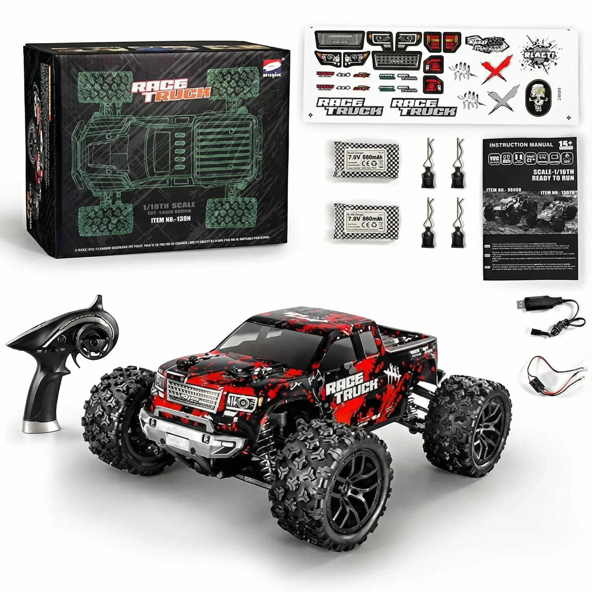 HAIBOXING 1:18 Scale All Terrain RC Car 36KM/H High Speed, 4WD Electric Vehicle,2.4 GHz Radio Controller, Included 2 Batteries and A Charger,Waterproof Off-Road Truck (Red) - MIEBELY