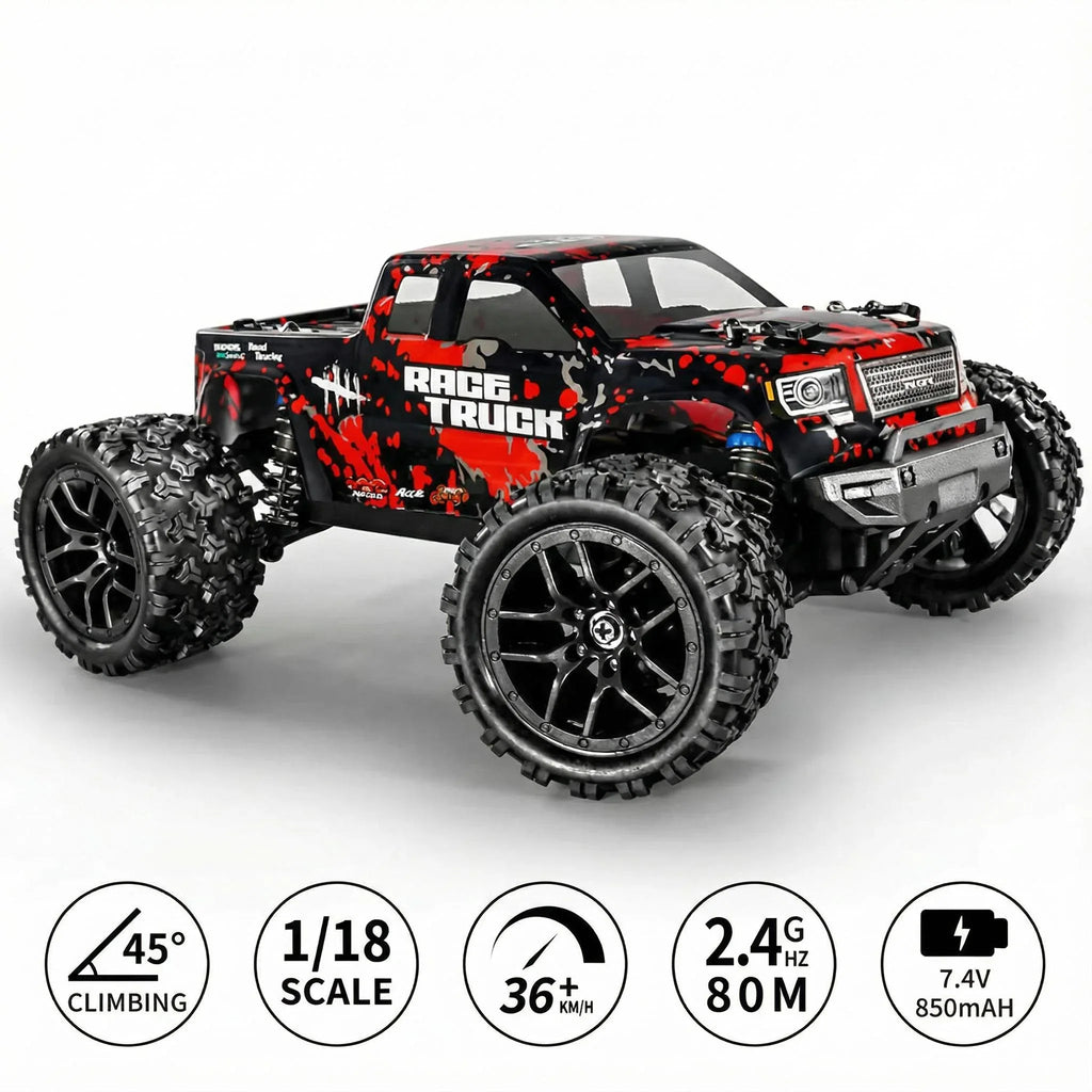HAIBOXING 1:18 Scale All Terrain RC Car 36KM/H High Speed, 4WD Electric Vehicle,2.4 GHz Radio Controller, Included 2 Batteries and A Charger,Waterproof Off-Road Truck (Red) - MIEBELY