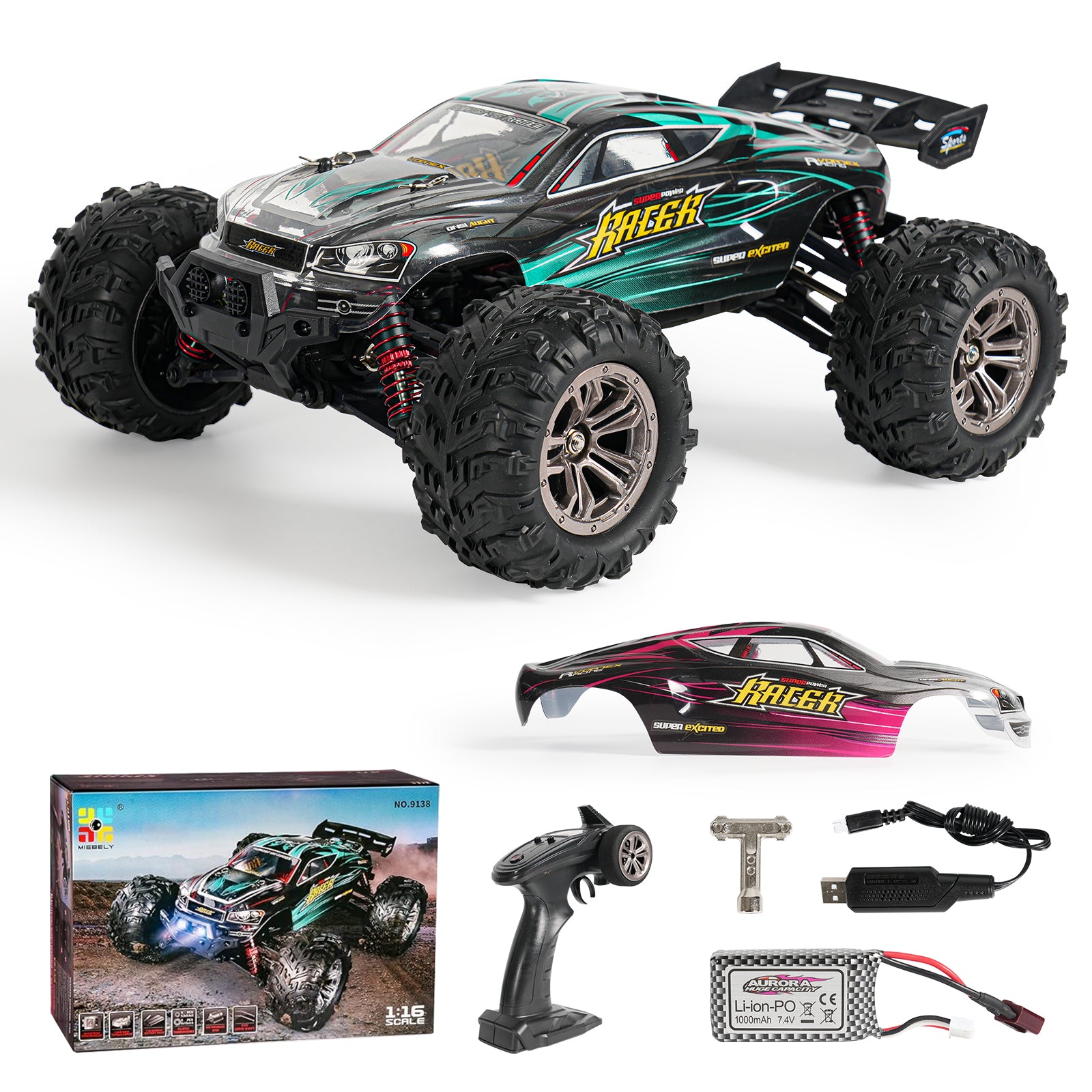 MIEBELY RC Cars Hailstorm, 36+KM/H High Speed 4WD 1:18 Scale Waterproof Truggy Remote Control Off Road Monster Truck with Two Rechargeable Batteries, All Terrain Toys for Kids and Adult