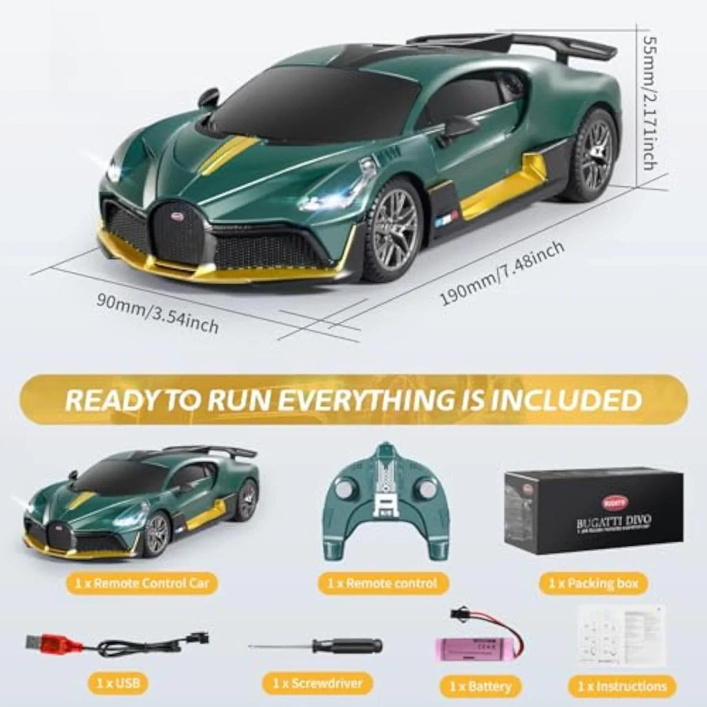 MIEBELY Remote Control Car - 1/24 Scale Fast Rc Race Car, Bugatti Divo 3.7V 500 mAh Toys with Headlight, Racing Hobby Model Birthday Ideal Gifts for Adults Kids Boys Age 6 7 8 9 Year Old - MIEBELY