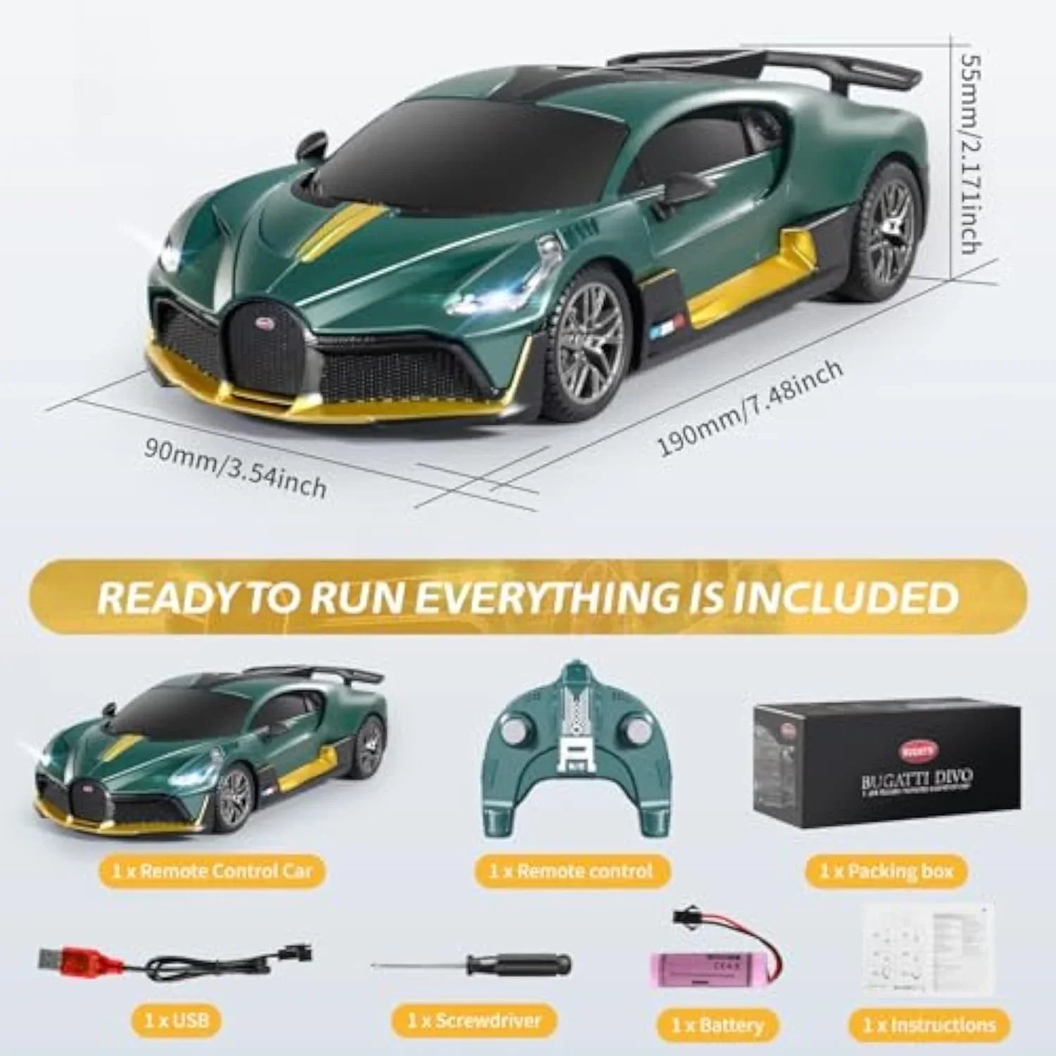MIEBELY Remote Control Car - 1/24 Scale Fast Rc Race Car, Bugatti Divo 3.7V 500 mAh Toys with Headlight, Racing Hobby Model Birthday Ideal Gifts for Adults Kids Boys Age 6 7 8 9 Year Old - MIEBELY