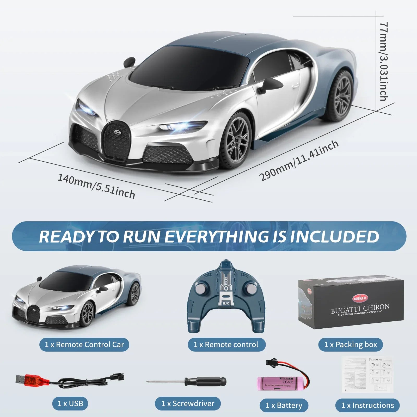 MIEBELY Remote Control Car - 1/24 Scale Fast Rc Race Car, Bugatti Chiron 3.7V 500 mAh Toys with Headlight, Racing Hobby Model Birthday Ideal Gifts for Adults Kids Boys Age 6 7 8 9 10 Year Old - MIEBELY