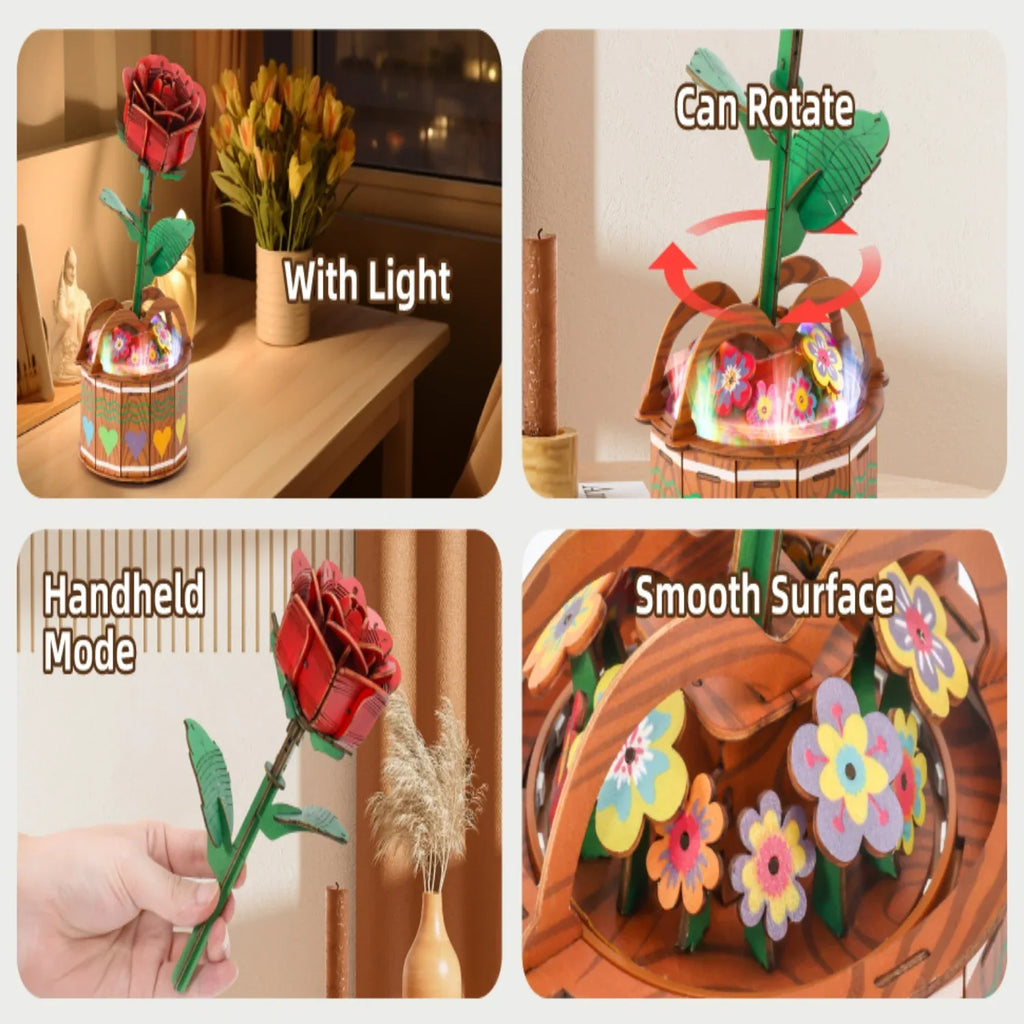 MIEBELY 3D Wooden Puzzles for Adults, Light Up 3D Puzzle Flower Rose Building Puzzle with Music Box, 216 pcs Craft Birthday Gift for Adult and Teen - MIEBELY