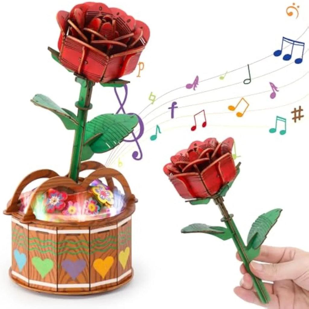 MIEBELY 3D Wooden Puzzles for Adults, Light Up 3D Puzzle Flower Rose Building Puzzle with Music Box, 216 pcs Craft Birthday Gift for Adult and Teen - MIEBELY