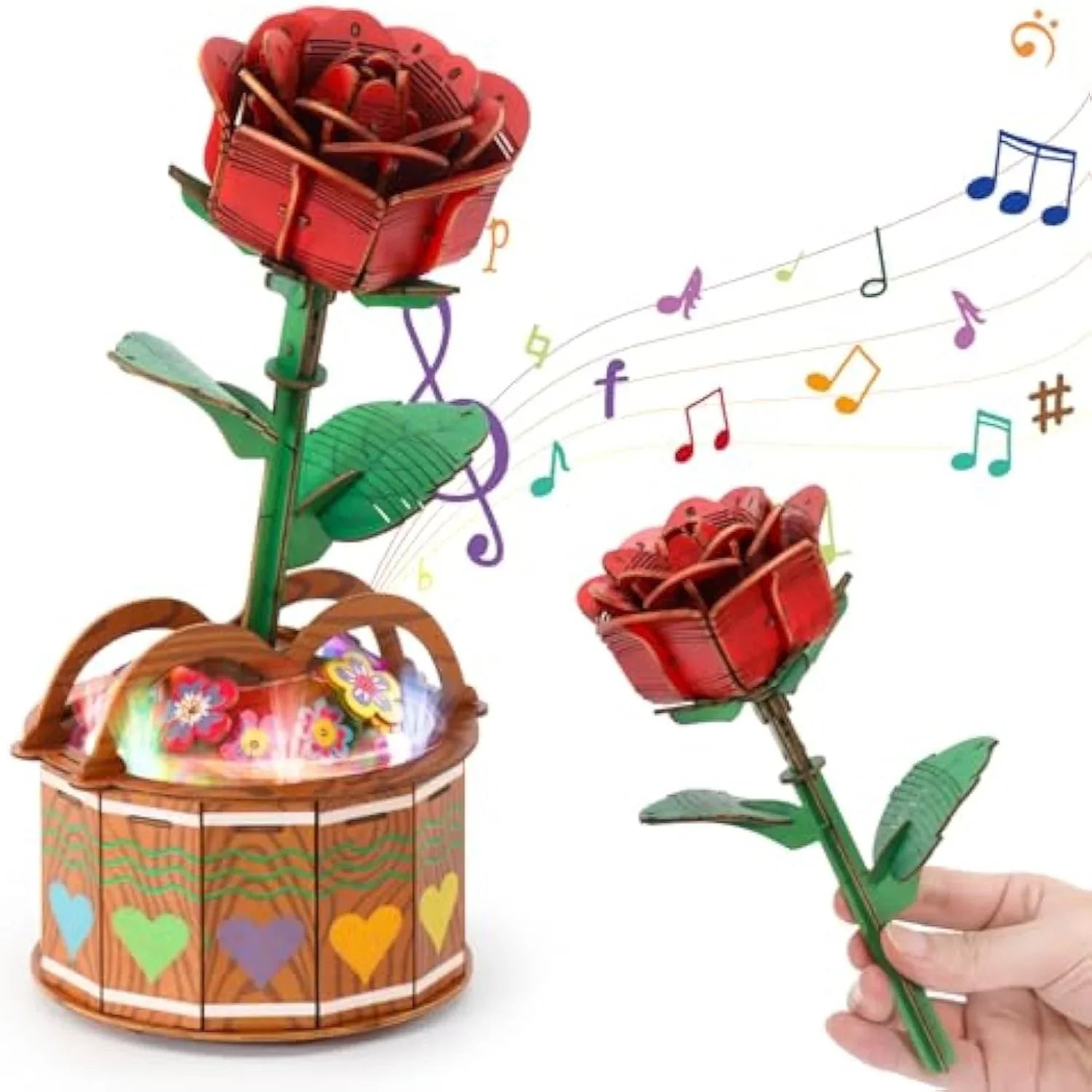 MIEBELY 3D Wooden Puzzles for Adults, Light Up 3D Puzzle Flower Rose Building Puzzle with Music Box, 216 pcs Craft Birthday Gift for Adult and Teen - MIEBELY