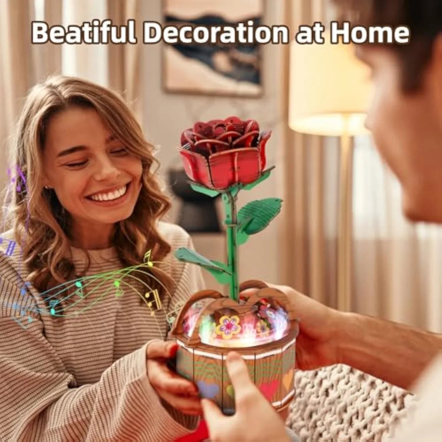 MIEBELY 3D Wooden Puzzles for Adults, Light Up 3D Puzzle Flower Rose Building Puzzle with Music Box, 216 pcs Craft Birthday Gift for Adult and Teen - MIEBELY