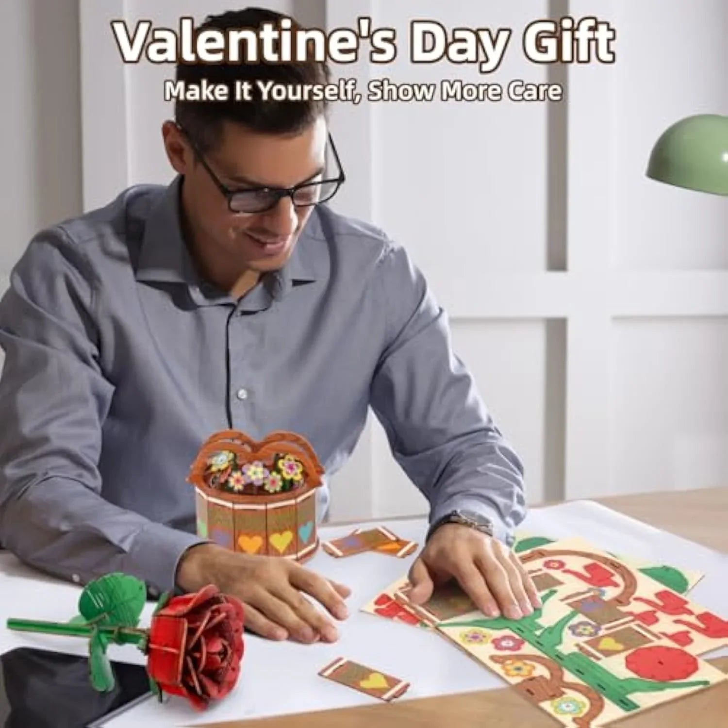 MIEBELY 3D Wooden Puzzles for Adults, Light Up 3D Puzzle Flower Rose Building Puzzle with Music Box, 216 pcs Craft Birthday Gift for Adult and Teen - MIEBELY