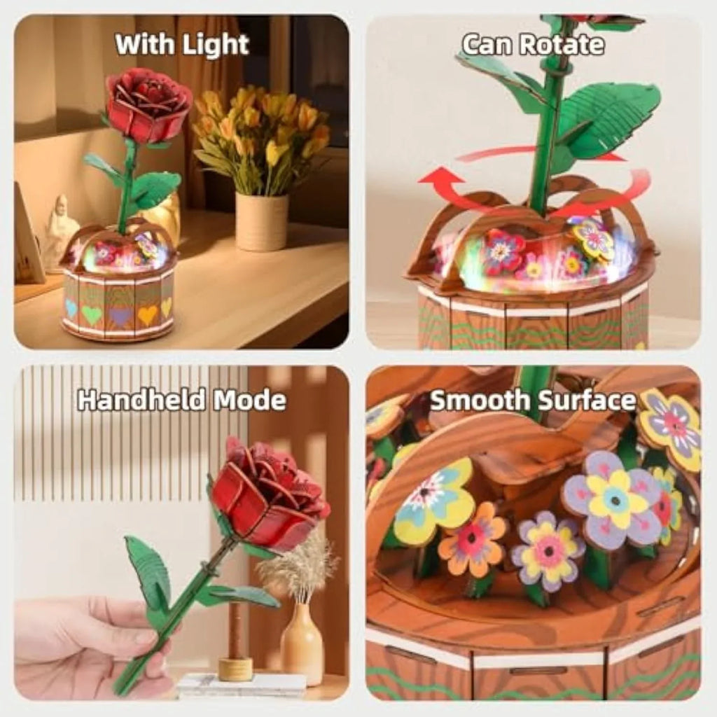 MIEBELY 3D Wooden Puzzles for Adults, Light Up 3D Puzzle Flower Rose Building Puzzle with Music Box, 216 pcs Craft Birthday Gift for Adult and Teen - MIEBELY