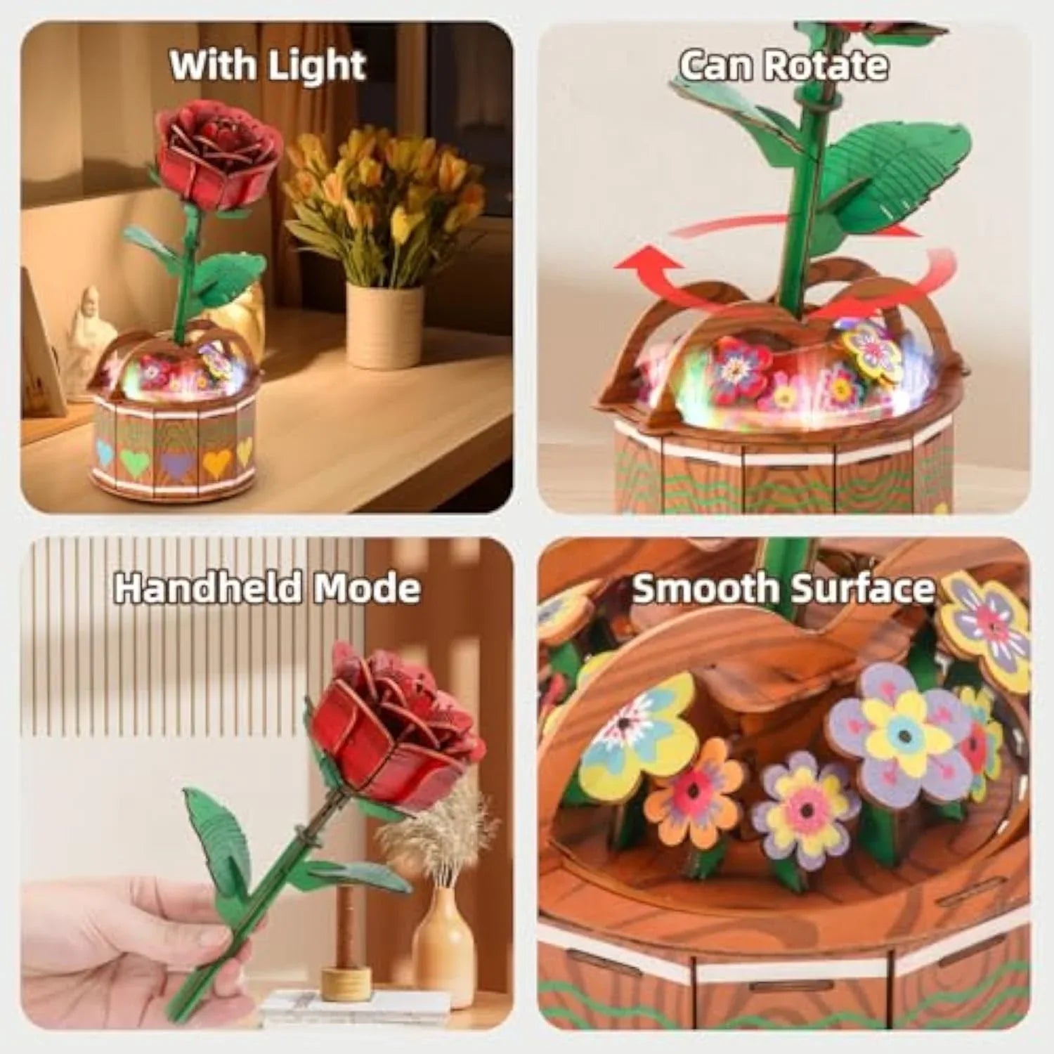 MIEBELY 3D Wooden Puzzles for Adults, Light Up 3D Puzzle Flower Rose Building Puzzle with Music Box, 216 pcs Craft Birthday Gift for Adult and Teen - MIEBELY