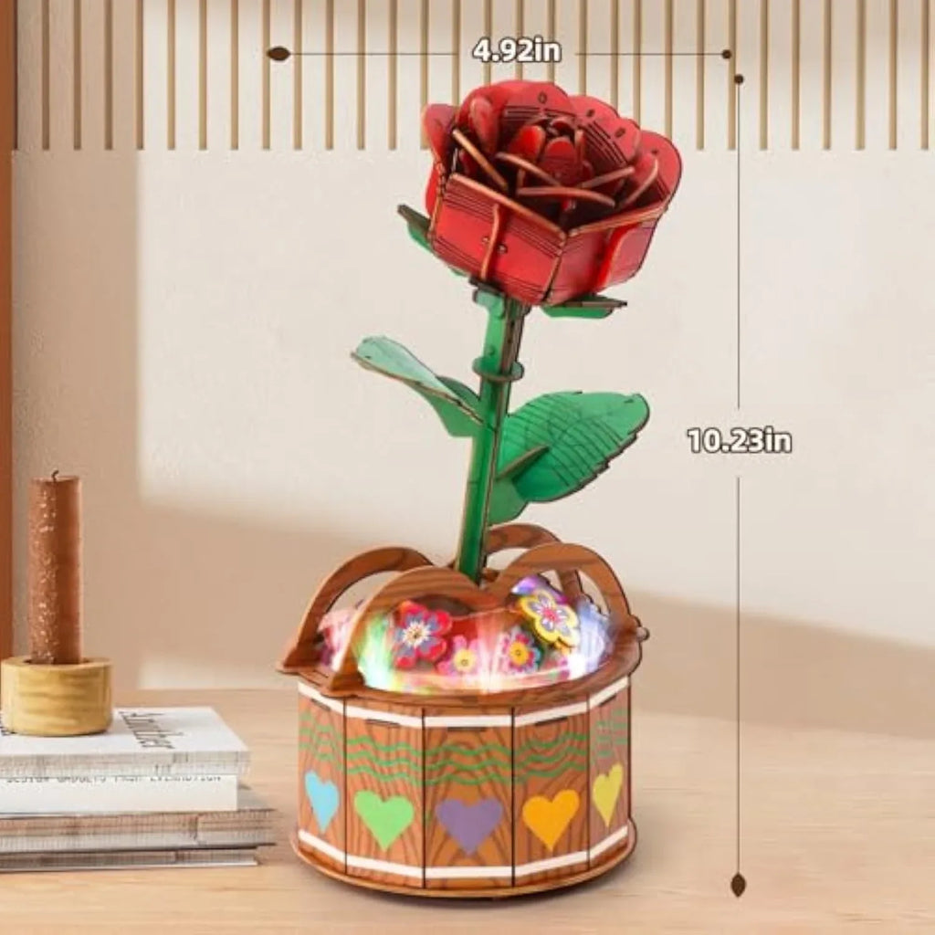 MIEBELY 3D Wooden Puzzles for Adults, Light Up 3D Puzzle Flower Rose Building Puzzle with Music Box, 216 pcs Craft Birthday Gift for Adult and Teen - MIEBELY