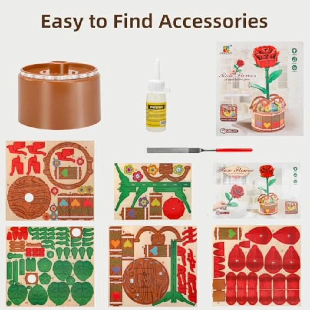 MIEBELY 3D Wooden Puzzles for Adults, Light Up 3D Puzzle Flower Rose Building Puzzle with Music Box, 216 pcs Craft Birthday Gift for Adult and Teen - MIEBELY