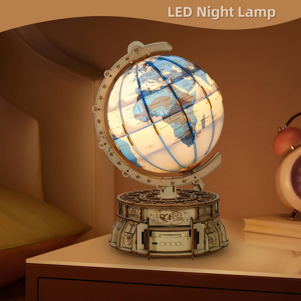 MIEBELY 3D Wooden Puzzles for Adults USB Charging Illuminated Globe Music Box DIY LED Wood Model Building Kits with Space Projector Stem Toys for Kids Desk Decor for Boys/Girls Ages 8+(Blue)