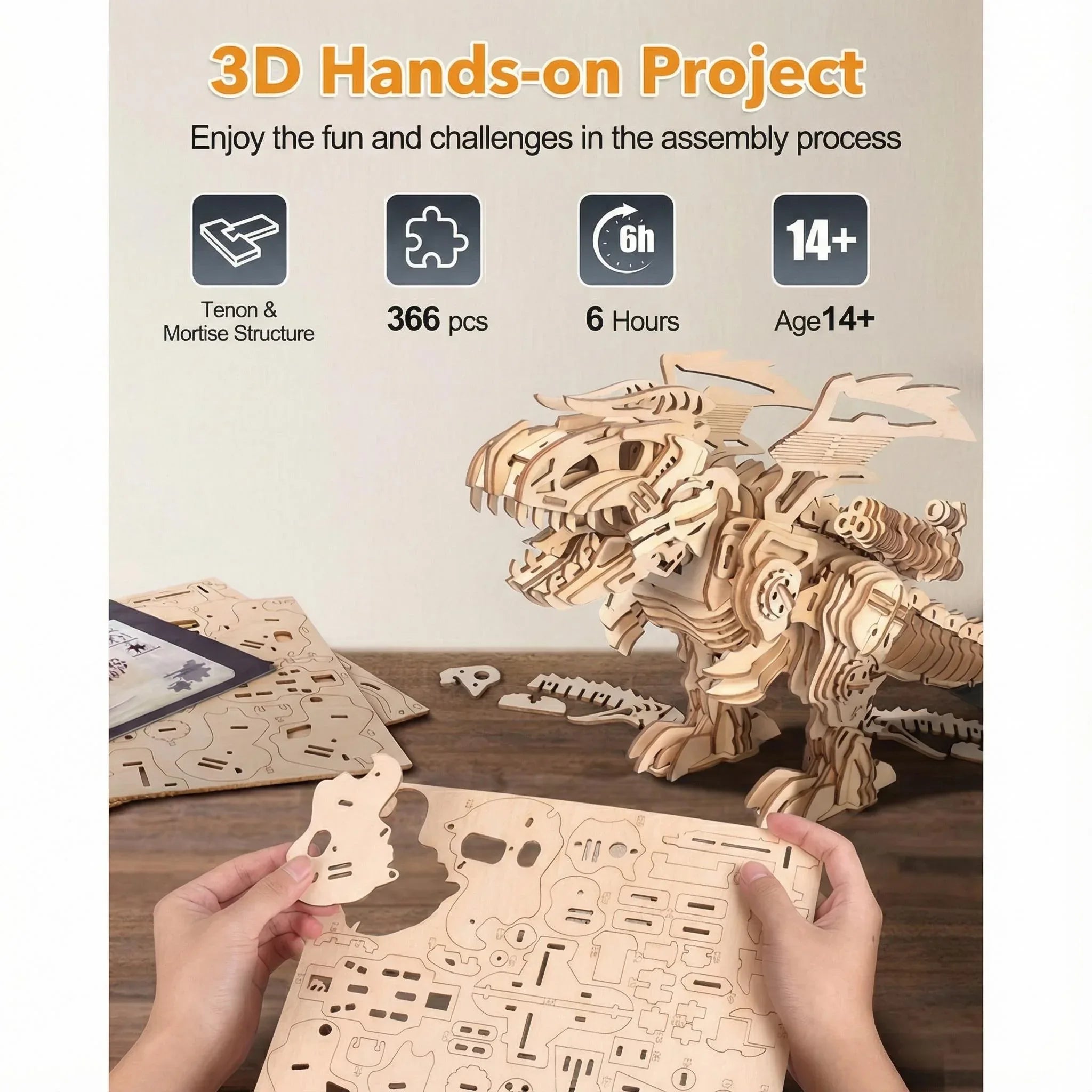 MIEBELY 3D Wooden Puzzles for Adults - T-Rex Dinosaur Model Kits can Walk and Roar, Mechanical Dinosaur STEM Toys for Boys Kids Ages 8-10-12-14, 3-D Puzzles Building Kit Gifts for Teen Men Women - MIEBELY