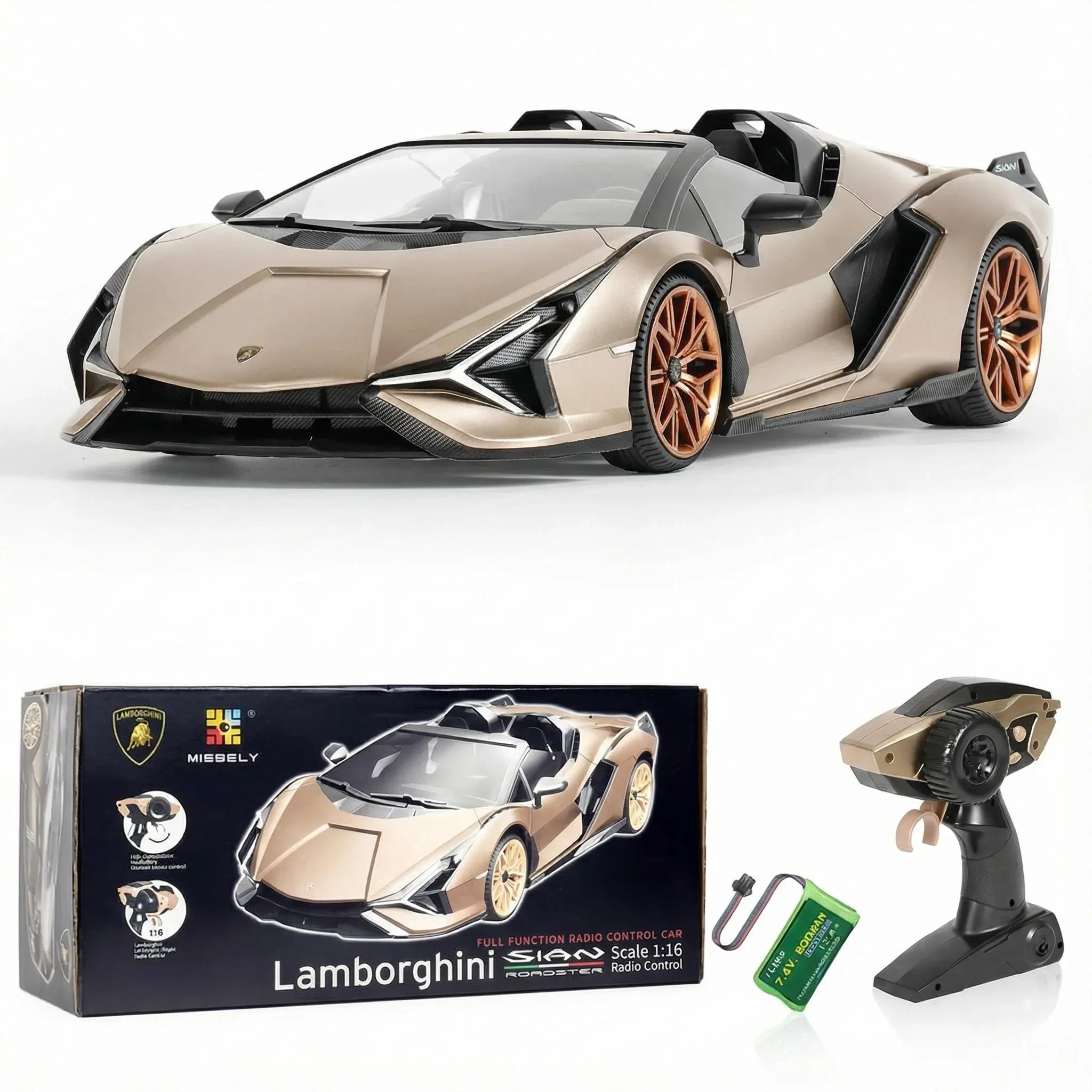 MIEBELY Lamborghini Remote Control Car, 1:16 Scale Lambo Toy Car 7.4V 500mAh Officially Licensed 12Km/h Rc Cars with Led Light 2.4Ghz Model Car for Adults Boys Girls Birthday Ideas Gift (Champagne) - MIEBELY