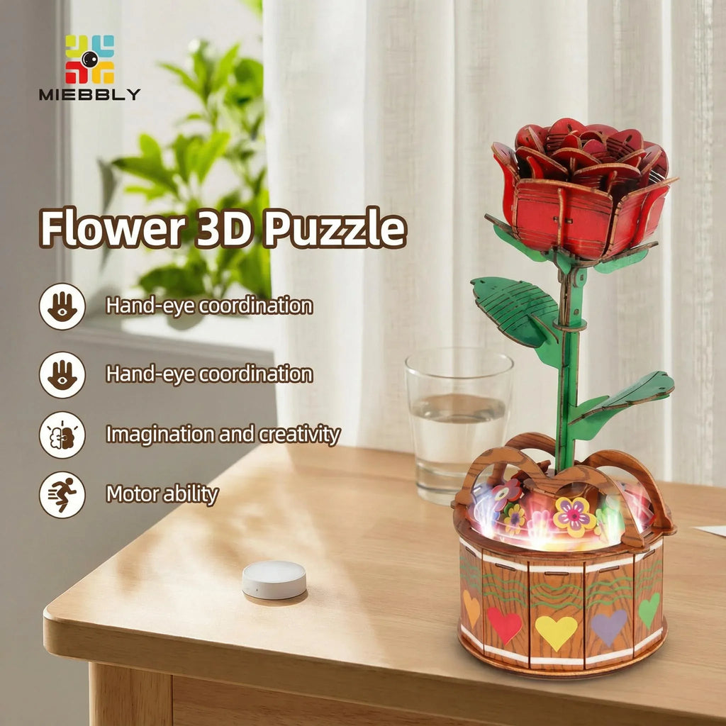 MIEBELY 3D Wooden Puzzles for Adults, Light Up 3D Puzzle Flower Rose Building Puzzle with Music Box, 216 pcs Craft Birthday Gift for Adult and Teen - MIEBELY