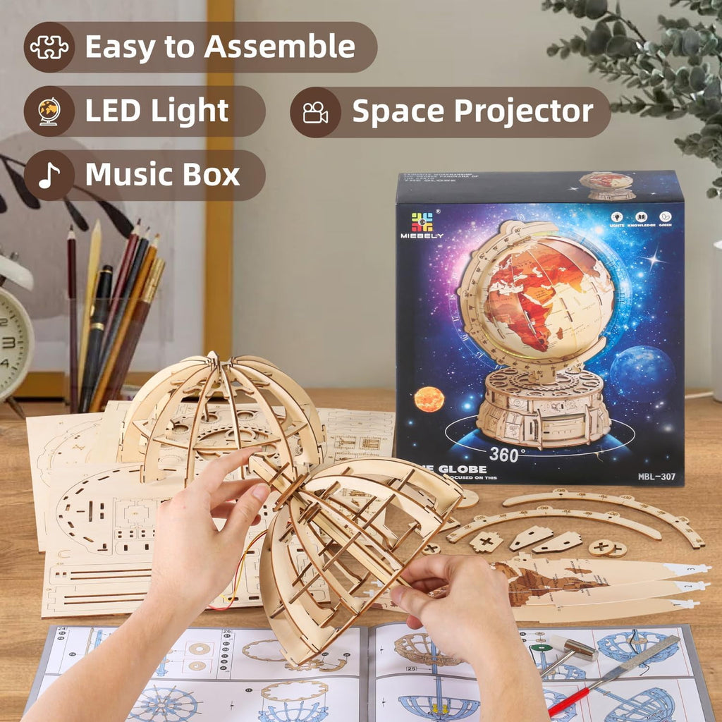Miebely 3D Wooden Puzzles for Adults USB Charging Illuminated Globe Music Box DIY LED Wood Model Building Kits with Space Projector Stem Toys for Kids Desk Decor for Boys/Girls Ages 8+(Brown)