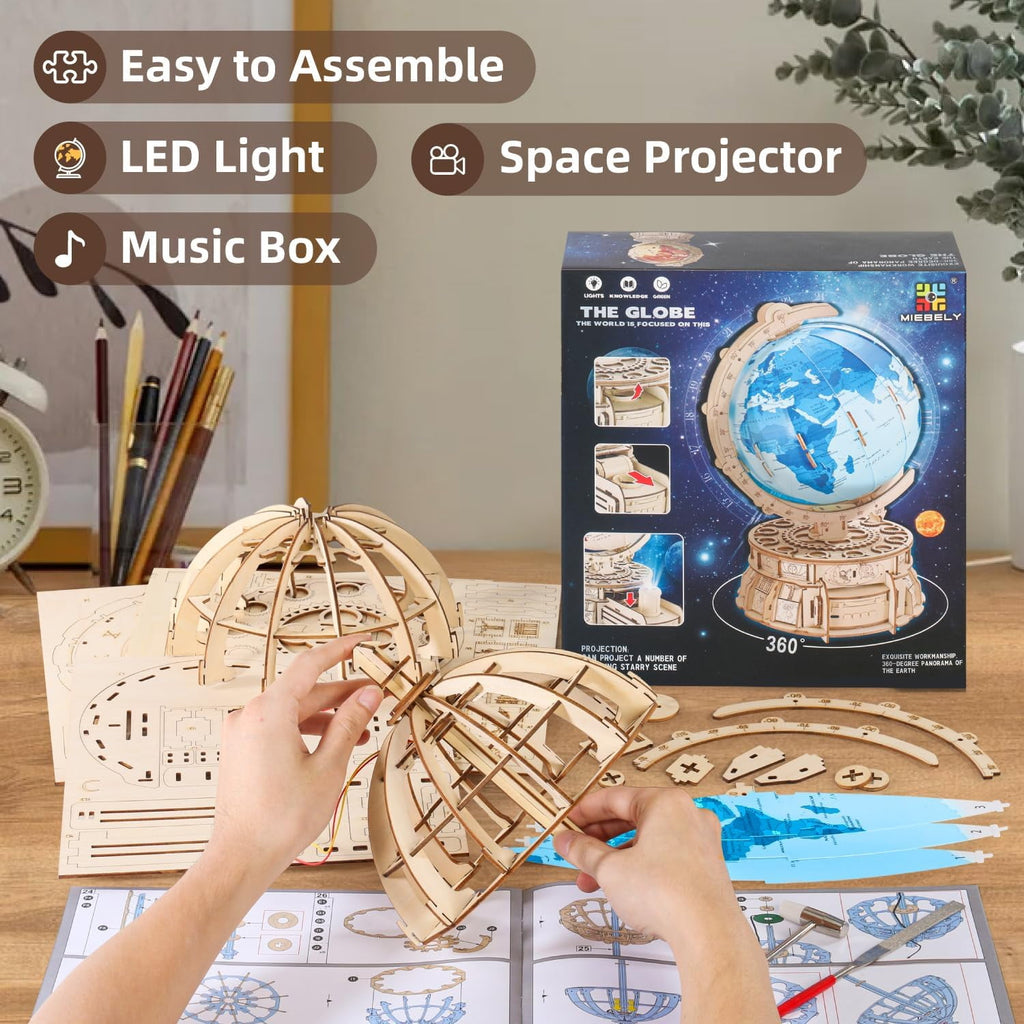 MIEBELY 3D Wooden Puzzles for Adults USB Charging Illuminated Globe Music Box DIY LED Wood Model Building Kits with Space Projector Stem Toys for Kids Desk Decor for Boys/Girls Ages 8+(Blue)