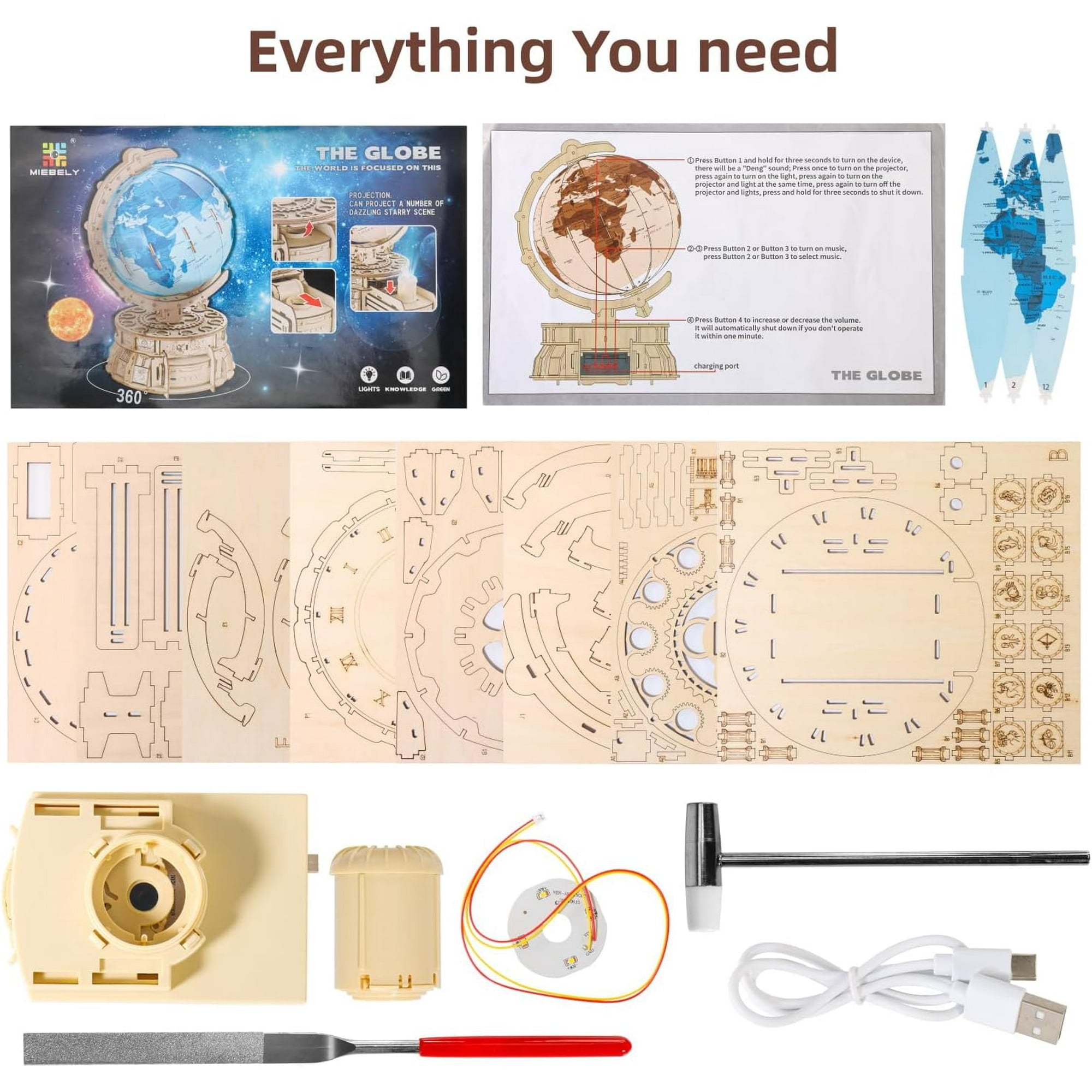 Miebely 3D Wooden Puzzles for Adults USB Charging Illuminated Globe Music Box DIY LED Wood Model Building Kits with Space Projector Stem Toys for Kids Desk Decor for Boys/Girls Ages 8+(Brown)