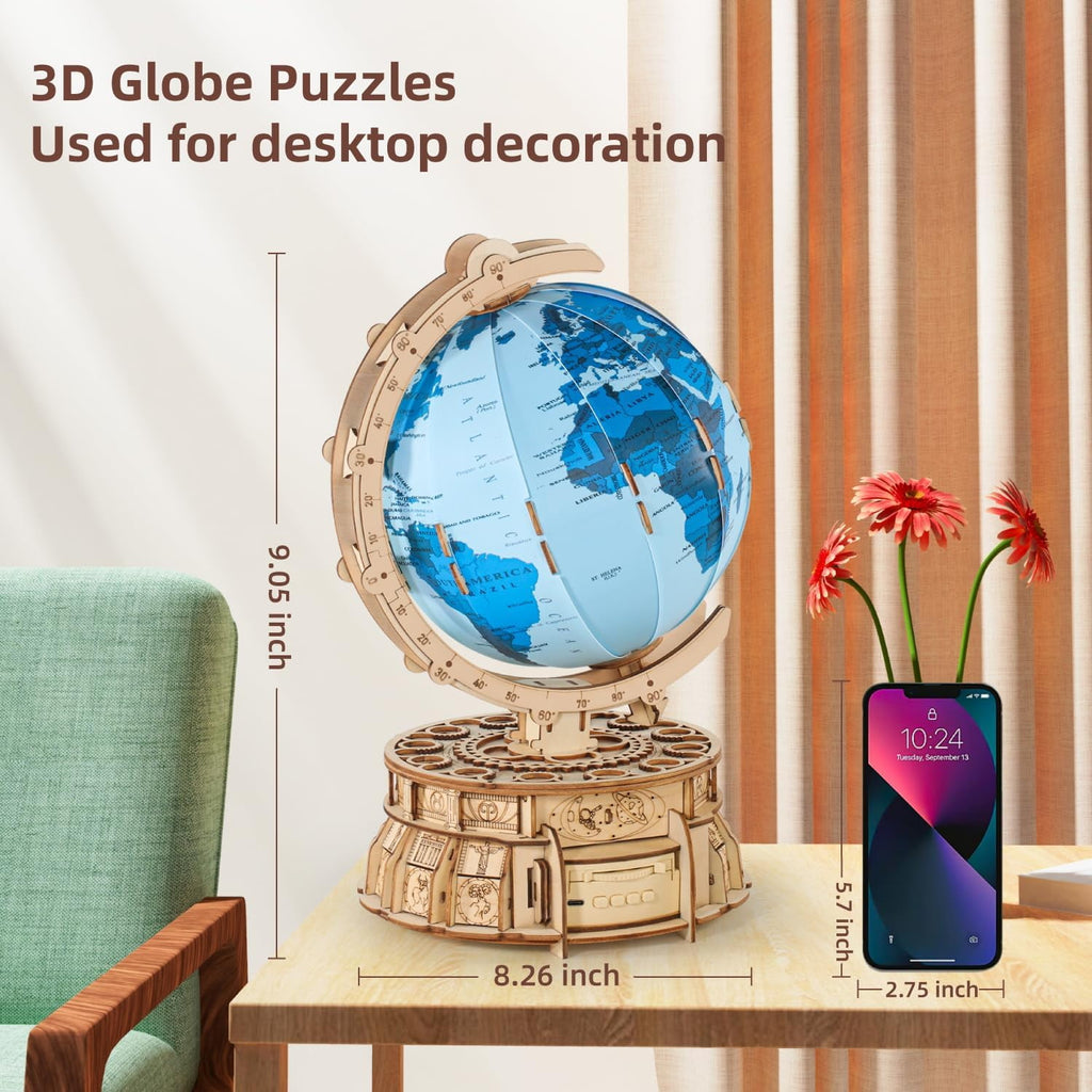MIEBELY 3D Wooden Puzzles for Adults USB Charging Illuminated Globe Music Box DIY LED Wood Model Building Kits with Space Projector Stem Toys for Kids Desk Decor for Boys/Girls Ages 8+(Blue)
