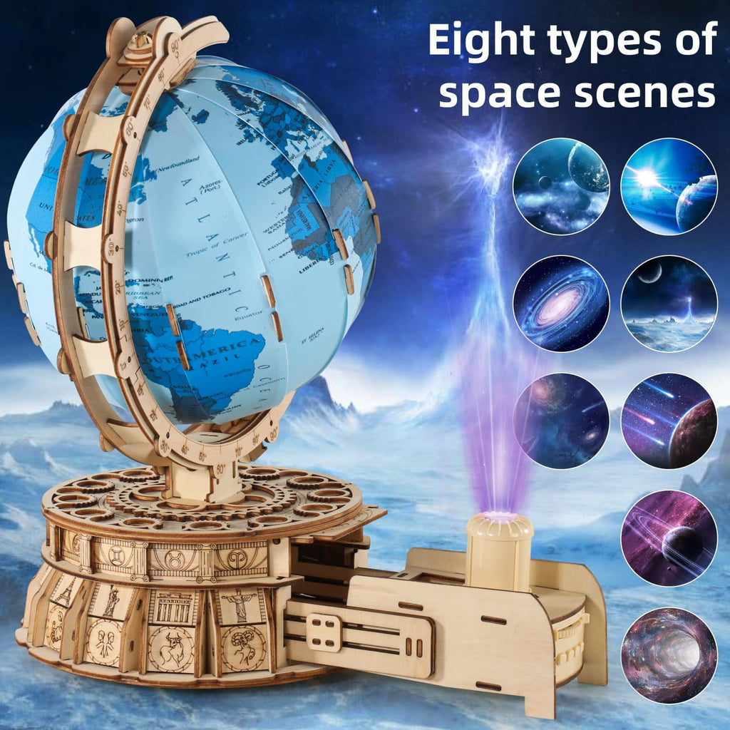 MIEBELY 3D Wooden Puzzles for Adults USB Charging Illuminated Globe Music Box DIY LED Wood Model Building Kits with Space Projector Stem Toys for Kids Desk Decor for Boys/Girls Ages 8+(Blue)