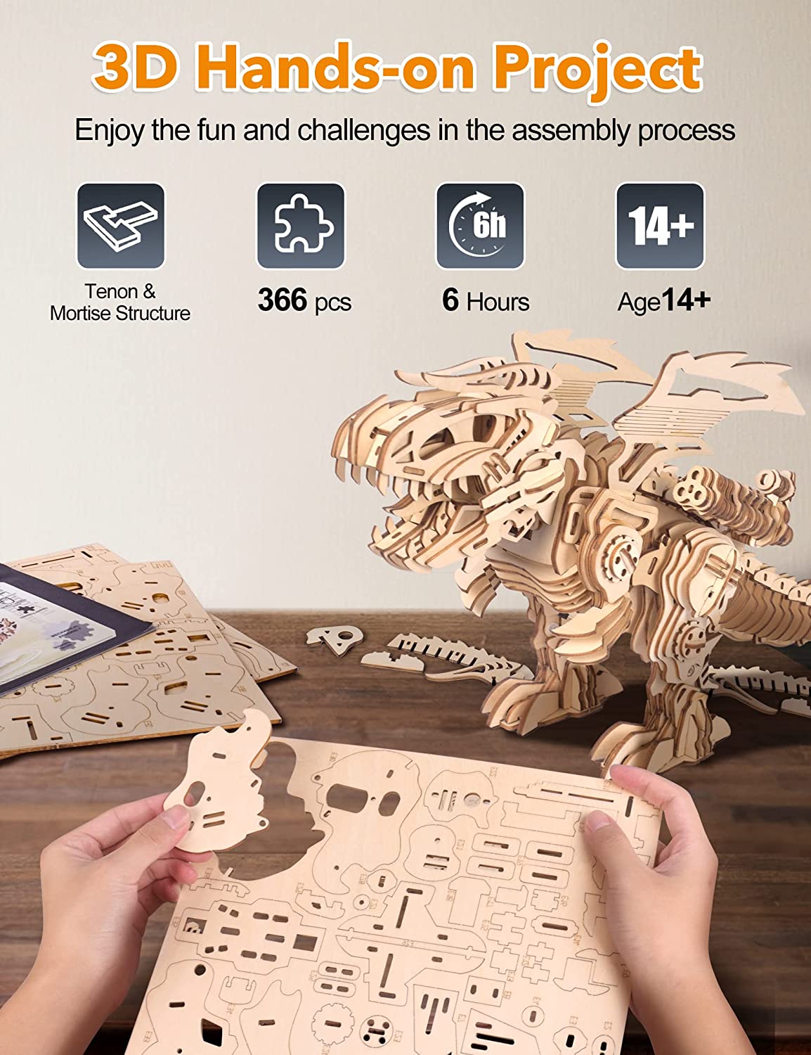 Diy 3D Walking T-REX Wooden Puzzle Kit Sound Control Dinosaur Toy